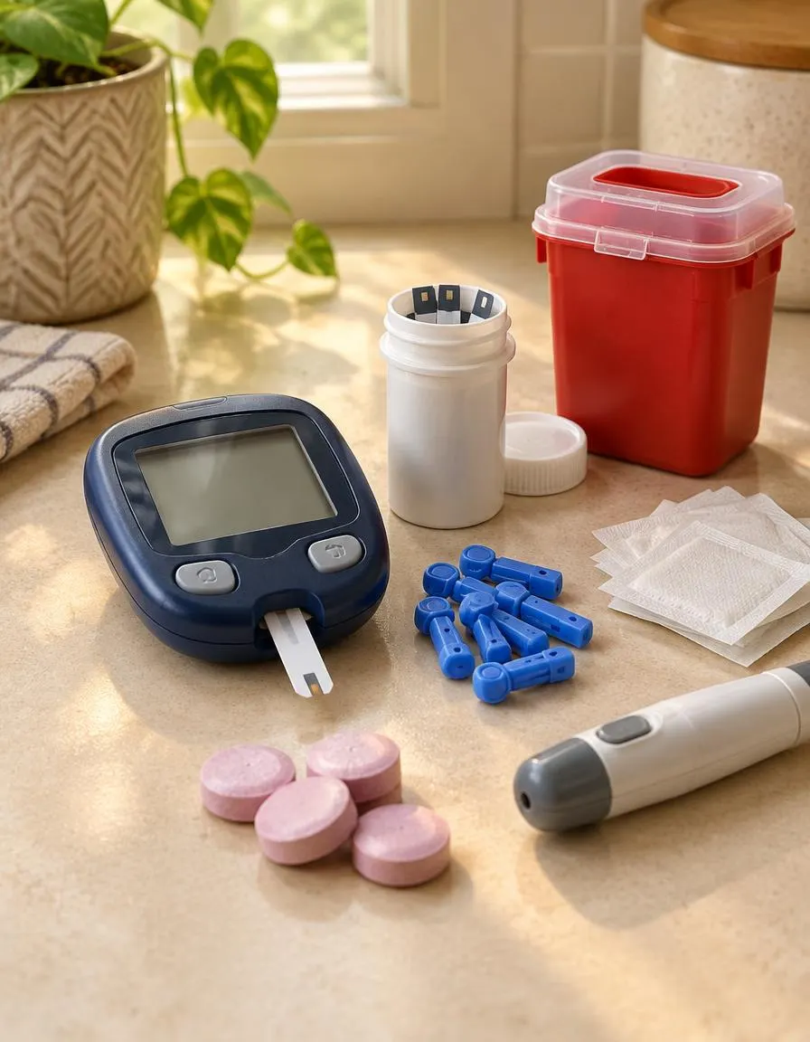 A glucose meter, test strip vial, lancets, swabs, glucose tablets and a red sharps container on a counter.