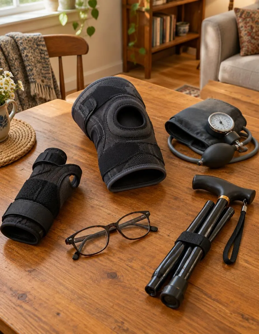 A wrist brace, knee support, reading glasses, blood pressure cuff and folding cane on a wooden table.
