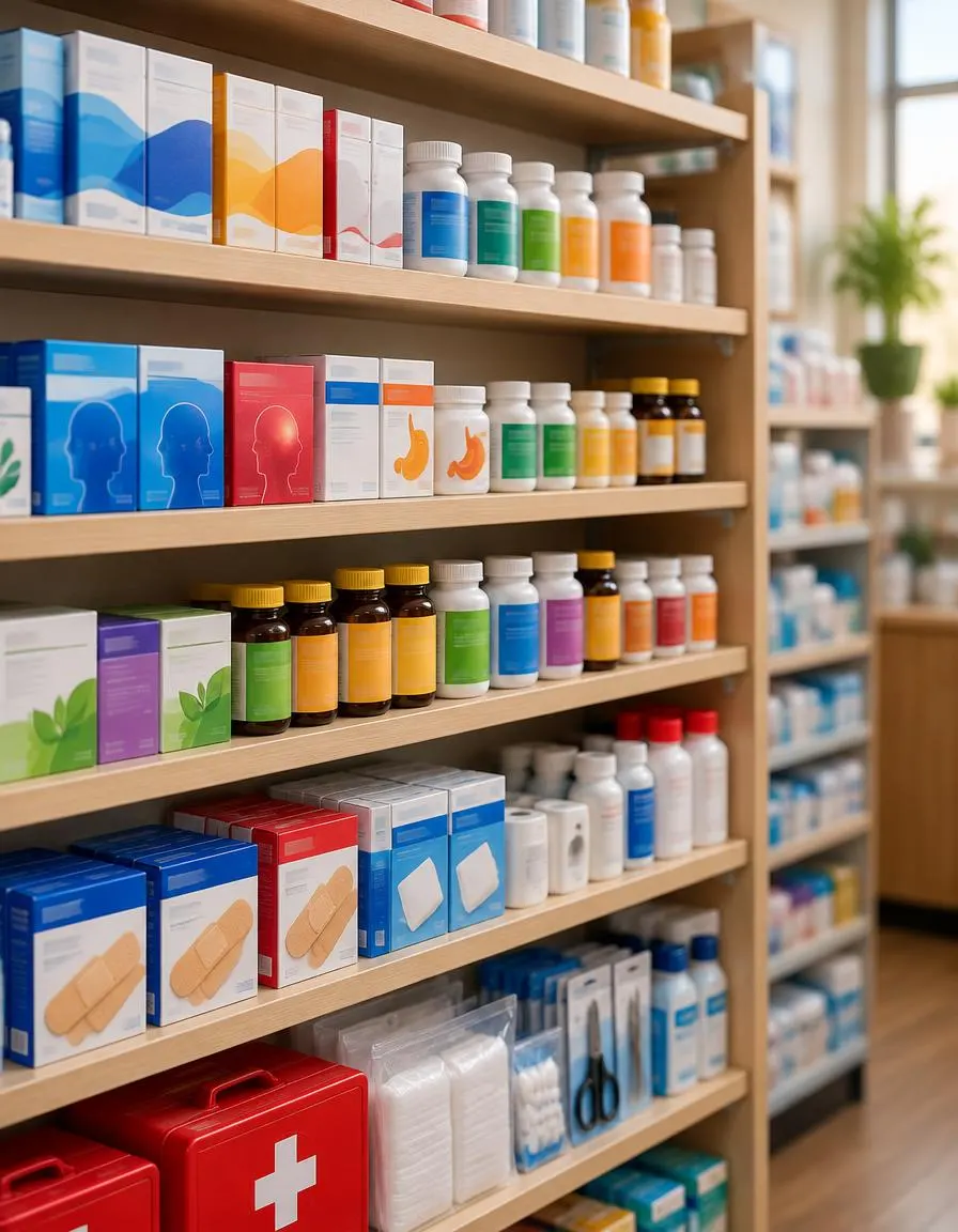 Pharmacy shelves of boxed over-the-counter medicine, vitamin bottles and bandages.